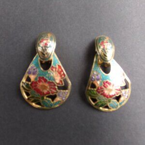 Vintage Cloisonne Enamel Clip Stud or Dangle Pierced Doorknocker Art Earrings